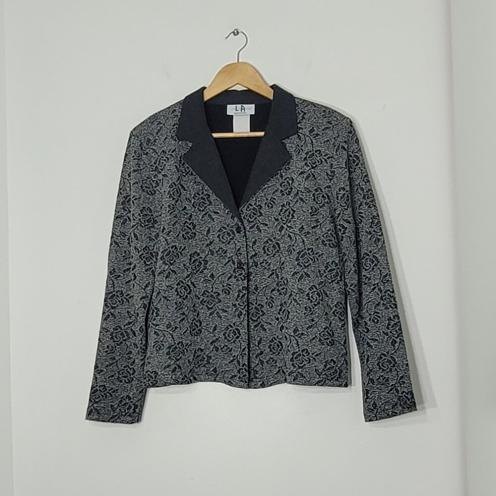 🛍Los Angeles Gal Vintage Black Gray Floral Notched Pads Business Blazer Size 14